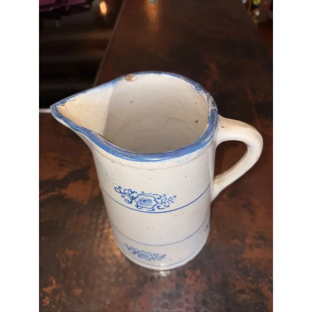 Antique Blue White Stoneware Pitcher Hull Band Stripe Flower Medallion Design